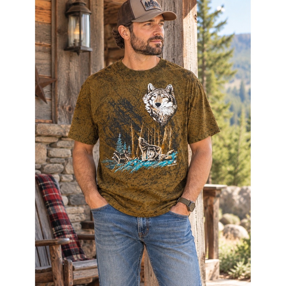 Ragtops Sportswear T-Shirt Brown Vintage 90s Wolf AOP Single Stitch USA Made M